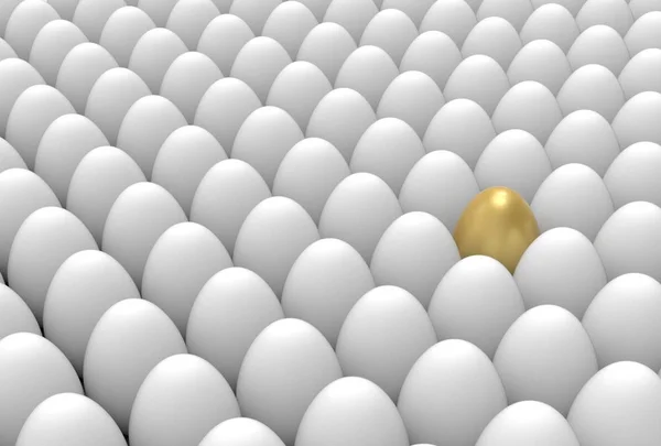 Un œuf doré parmi les œufs blancs. Illustration 3D — Photo