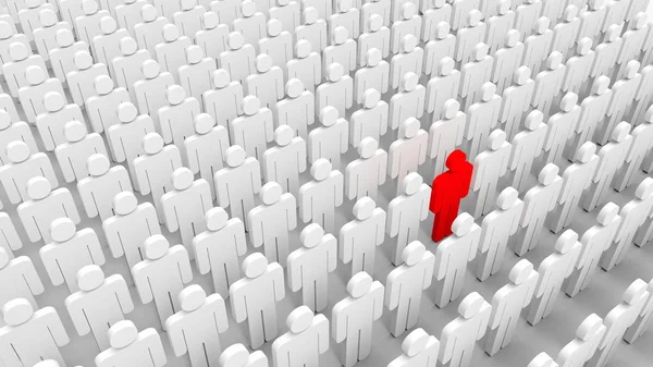 Red man among crowd of white. 3D illustrating — Stock Photo, Image