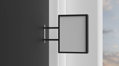 Karanlık duvarda dikdörtgen tabela. 3D gösteren.