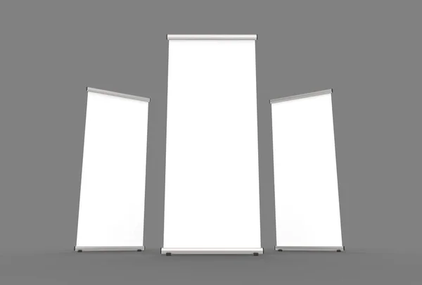 Blank roll up banner 3 display view tempate. 3d иллюстрации . — стоковое фото