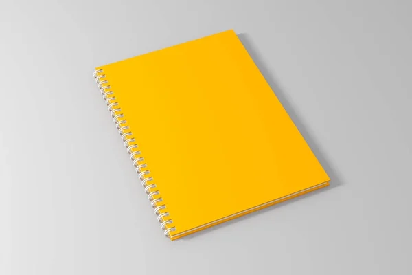 Modelo de caderno em espiral amarelo vazio em branco no backg branco limpo — Fotografia de Stock