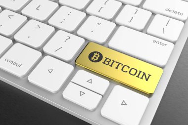 Modern klavye butonuna altın bitcoin. 3D gösteren.