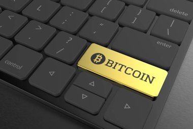 Modern klavye butonuna altın bitcoin. 3D gösteren.