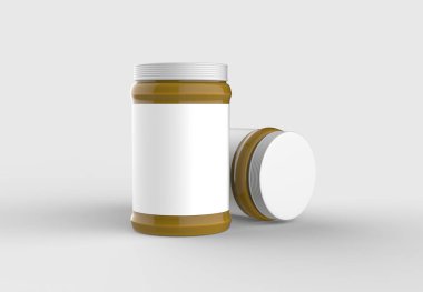 Hardal kavanoz beyaz etiket üzerinde yumuşak gri backg izole ile sahte