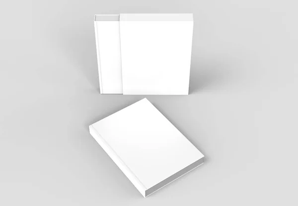 Slipcase buku mock up terisolasi pada latar belakang abu-abu lembut. 3D illus — Stok Foto