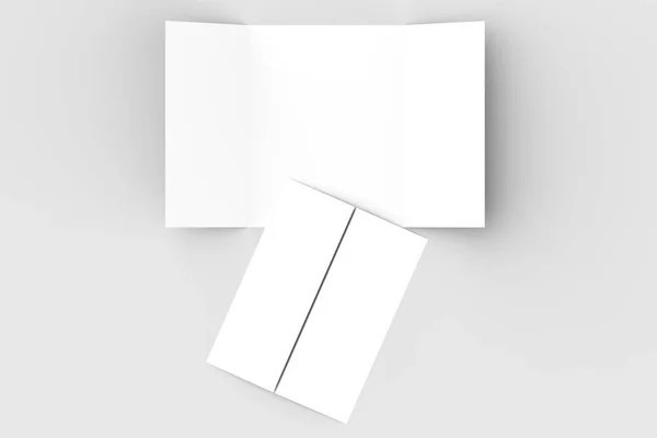 Διπλή πύλη διπλώνουν κάθετα φυλλάδιο mock απομονώνονται σε μαλακό γκρι — Φωτογραφία Αρχείου