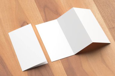 Thrifold - üç broşür sahte ahşap arka plan üzerine katlayın. 3D 