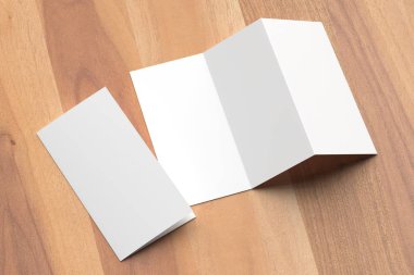 Thrifold - üç broşür sahte ahşap arka plan üzerine katlayın. 3D 