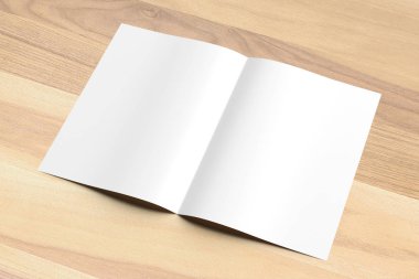 Boş Bi katlı A4 boyutu broşür ahşap arka plan üzerinde sahte kadar. 3D 