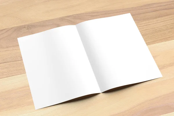 Blank Bi fold A4 tamanho brochura simular no fundo de madeira. 3D — Fotografia de Stock