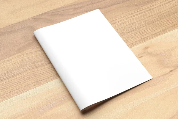 Blank Bi fold A4 tamanho brochura simular no fundo de madeira. 3D — Fotografia de Stock