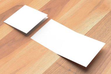 Bifold kare broşürü ahşap arka plan üzerinde sahte kadar. 3D illustra