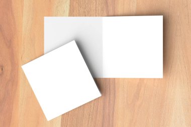 Bifold kare broşürü ahşap arka plan üzerinde sahte kadar. 3D illustra