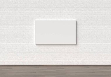 Boş çerçeve beyaz tuğla duvara alay etmek yukarıya. 3D gösteren.