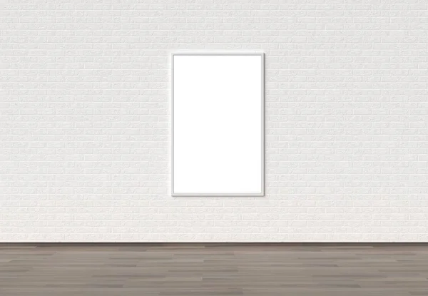 Empty Frame mock up on white brick wall. 3D illustrating.