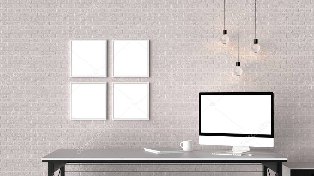 Modern workspace with isolated empty frames on brick wall and is