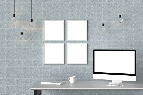Modern workspace with isolated empty frames on brick wall and is