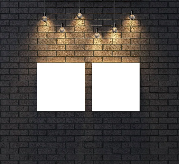 Marco vacío iluminado se burlan de la pared de ladrillo oscuro. Ilustración 3D — Foto de Stock