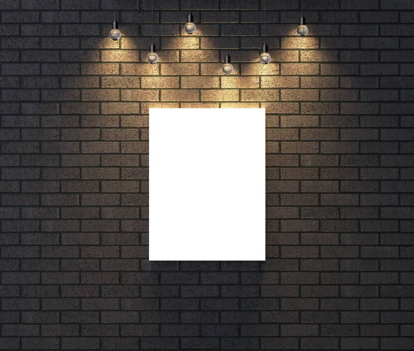 被照亮的空框架在黑暗的砖墙上模拟。3d 说明 — 图库照片