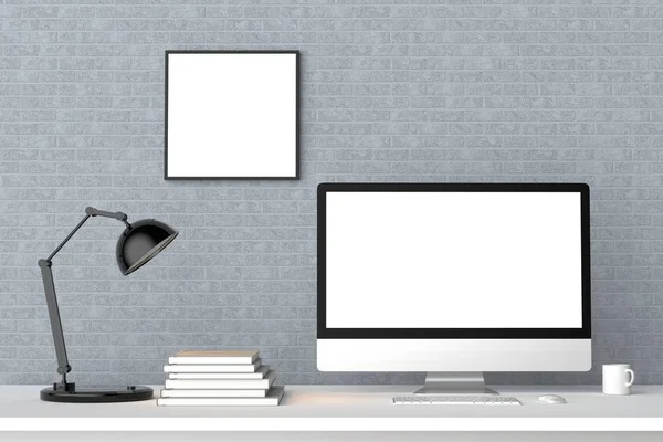 Modern workspace with isolated empty frame on brick wall and iso — Stock Photo, Image
