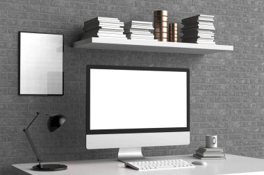Modern çalışma alanı, izole bilgisayar ekranı ve çerçeve kadar alay et. 3D