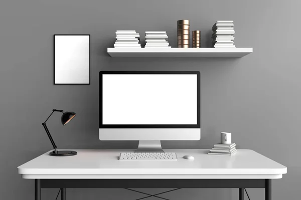 Modern workspace, isolated computer screen and frame mock up. 3D — Stock Photo, Image