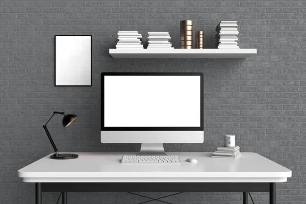 Modern workspace, isolated computer screen and frame mock up. 3D — Stock Photo, Image