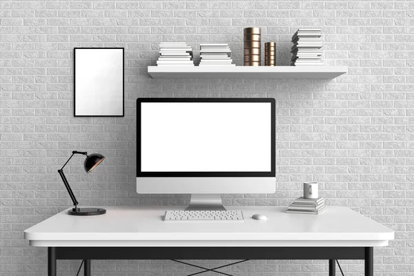 Modern workspace, isolated computer screen and frame mock up. 3D — Stock Photo, Image