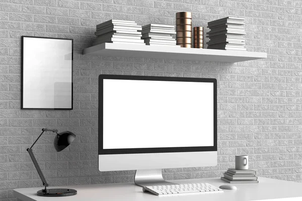 Modern workspace, isolated computer screen and frame mock up. 3D — Stock Photo, Image