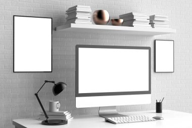 Modern çalışma alanı, izole bilgisayar ekranı ve çerçeve kadar alay et. 3D