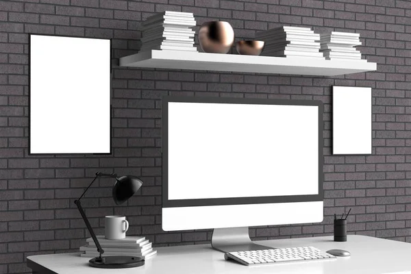 Modern workspace, isolated computer screen and frame mock up. 3D — Stock Photo, Image