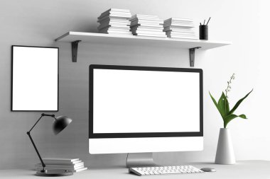 Modern çalışma alanı, izole bilgisayar ekranı ve çerçeve kadar alay et. 3D