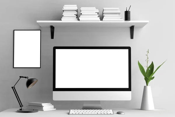 Modern workspace, isolated computer screen and frame mock up. 3D — Stock Photo, Image