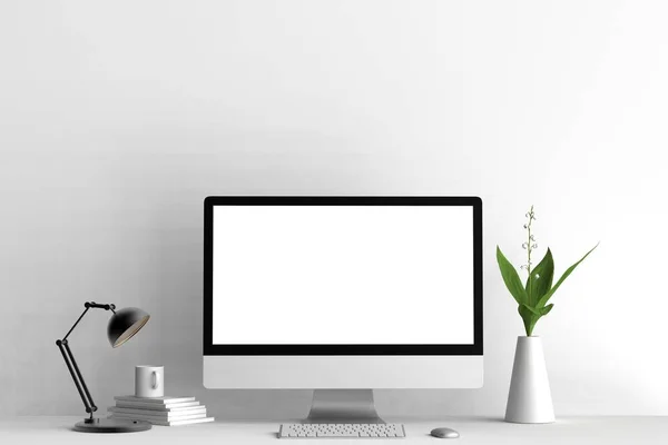 Modern workspace, isolated computer screen mock up. 3D illustrat — Stock Photo, Image