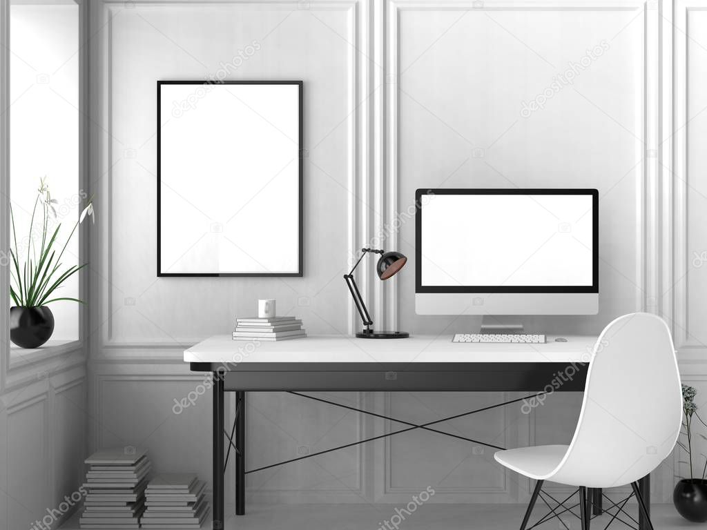 Modern workspace, isolated computer screen and frame mock up. 3D