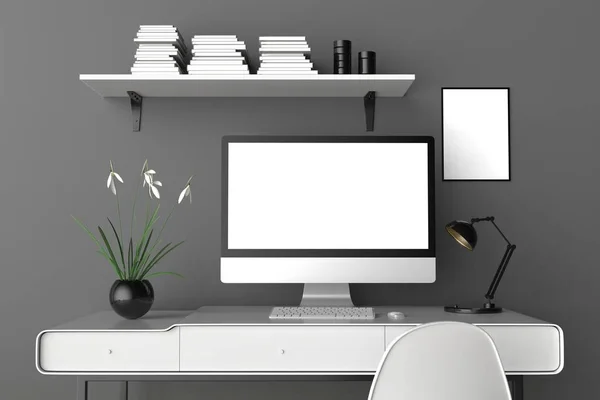Modern munkaterület, elszigetelt számítógép képernyőjén és a keret mintája fel. 3D — Stock Fotó