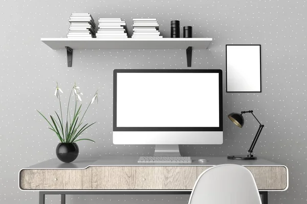 Modern workspace, isolated computer screen and frame mock up. 3D — Stock Photo, Image