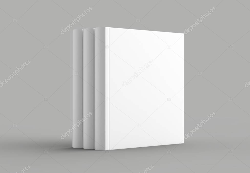 Square hard cover book mock up isolated on soft gray background.