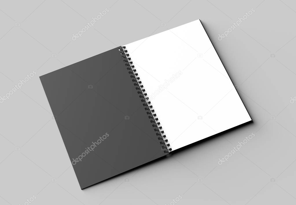 Spiral binder notebook mock up with black cover isolated on soft