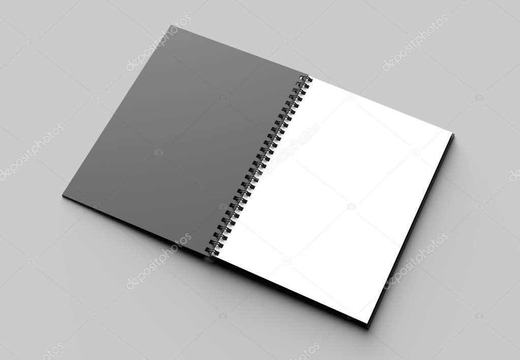 Spiral binder notebook mock up with black cover isolated on soft