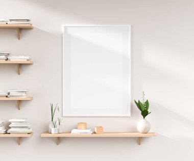 Beyaz duvara ahşap askılı poster çerçevesi yap.