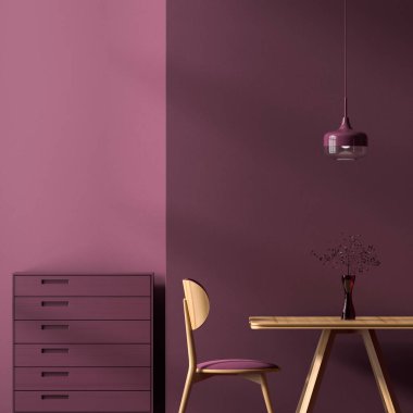 Ahşap sandalyeli ve masalı İskandinav tarzı yemek odası.  