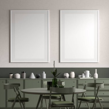 Ahşap sandalyeli ve masalı İskandinav tarzı yemek odası. 