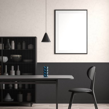 Yemek odasında poster çerçevesi yap. Minimalist yemek odası