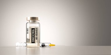 Koronavirüs enfeksiyonu aşısı. Cauvid 19 ve enjeksiyon için şırınga. Coronavirüs hastalığının tedavisi. 3B illüstrasyon.