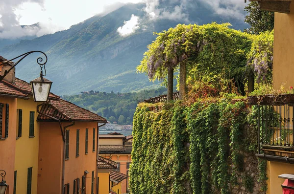 Vista do Lago Como, varandas com persianas abertas e bindweed em Bellagio — Fotografia de Stock