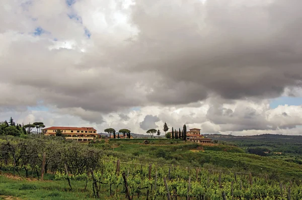 Visão geral das vinhas e colinas com moradia no topo da paisagem toscana — Fotografia de Stock