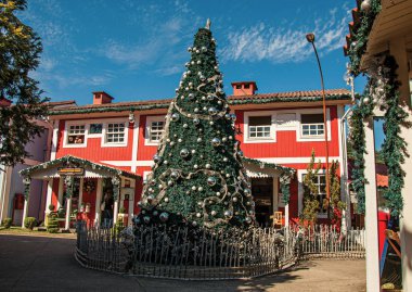 Noel ağacı ve ahşap ev görünümünü Penedo güneşli gün