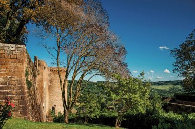 Taş kule, yeşil tepe, üzüm bağları ve çatıları Orvieto şehir bir yola yakın bakış.