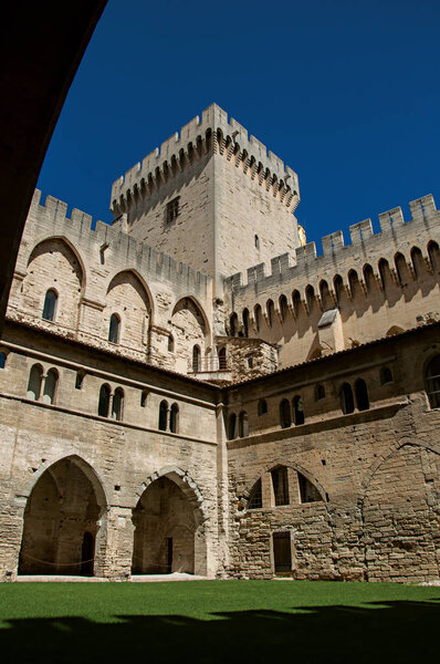 View of courtyard and internal buildings of the Palace of the Popes of Avignon.